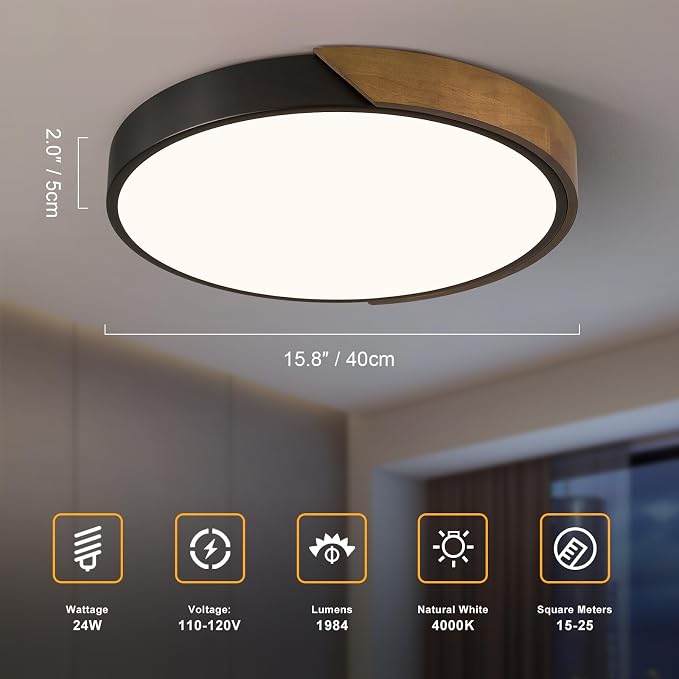 Modern LED Ceiling Light, Brown Walnut Wood Minimalist Flush Mount Ceiling Light Fixture, 4000K Not Dimmable, Circle Lighting Lamp with Acrylic Lampshade for Bedroom Hallway Laundry 15.8"