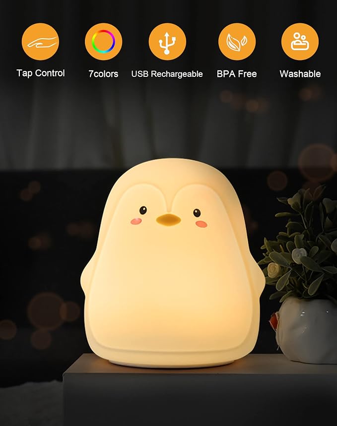 Penguin Night Light, USB Rechargeable Silicone LED Night Light for Kids , Multicolor Cute Nursery Night Lights with Warm White and 7-Color Breathing Mode,Christmas Gift for Kids Baby Children Bedrooms