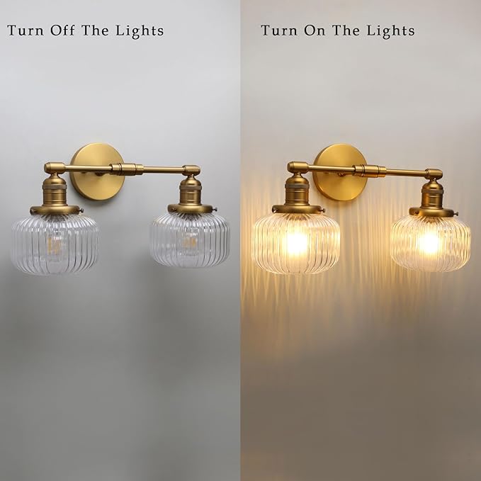 Phansthy Vintage Hardwired Sconces Wall Lighting, Bathroom Vanity Light Fixtures Antique Brass, Modern Wall Light with Clear Striped Glass Shade for Bedroom Fireplace Hallway (Antique Gold, Two-Light)