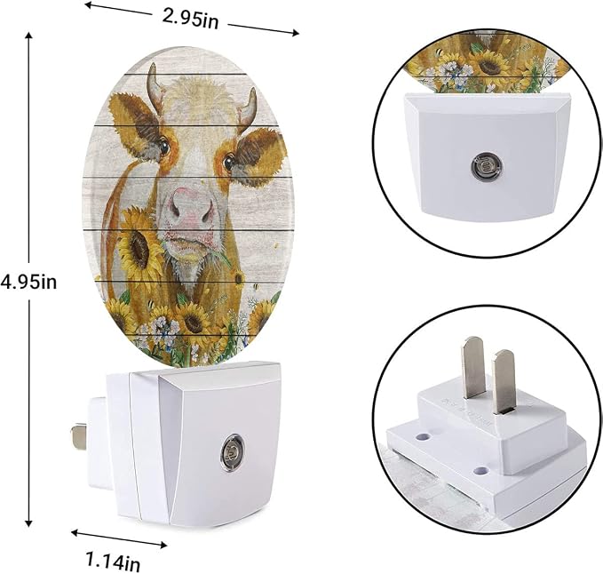 EKOBLA Rustic Farmhouse Night Light, Cattle Yellow Sunflower Night Lights Plug Into Wall with Dusk to Dawn Light Sensors, Warm Nightlights for Bedroom, Hallway, Kitchen