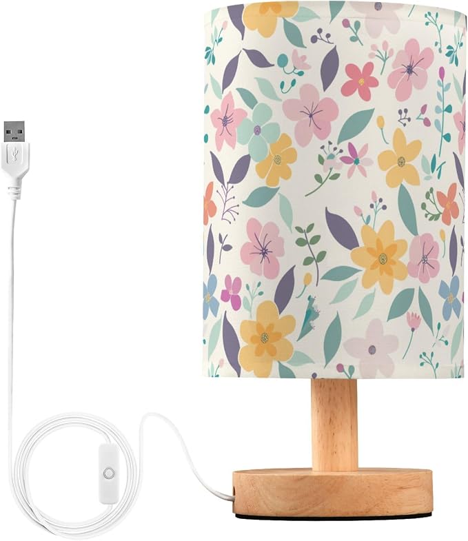 Cute Spring Floral Yellow Pink Flowers Table Lamp for Bedroom USB Port Lamps Small Accent Table Lamp Nightstand Lamp Sturdy Linen Shade Wooden Base Decorative Lamps for Bedside Reading|Kids|Dorm|Home