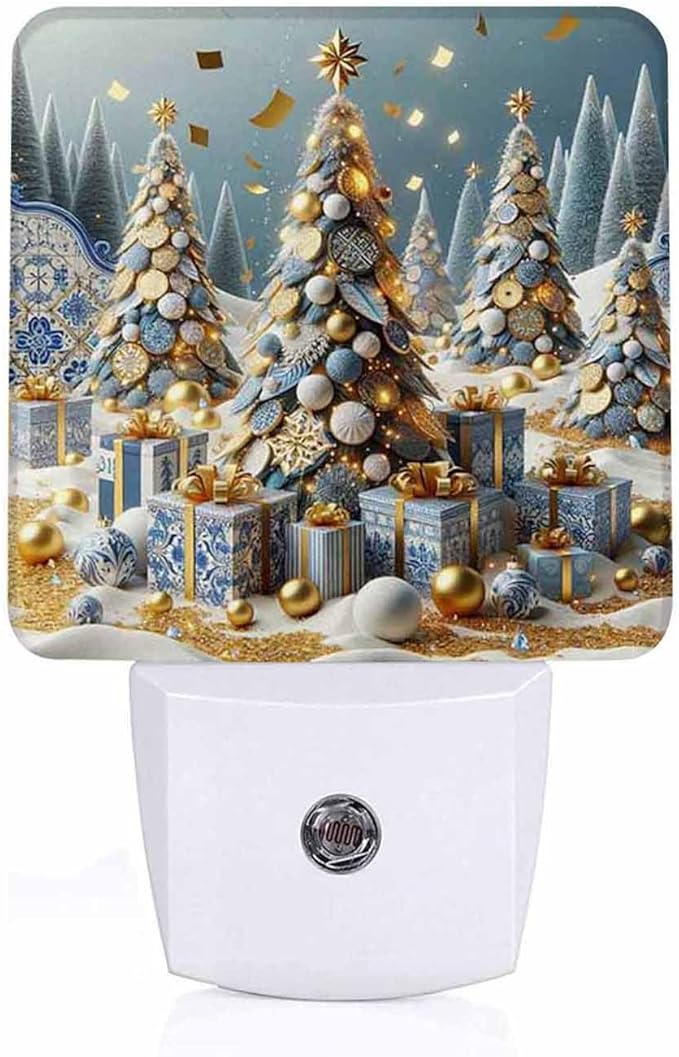 LED Night Light Lamp with Smart Sensor Dusk to Dawn Sensor,Merry Christmas Tree Happy New Year Festive Christmas Gift Box Drift Golden Confetti Night Light Daylight White,0.5W Plug-into Wall