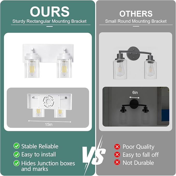 IZORRO Bathroom Vanity Light Fixture, 2-Light 15 Inch White Bathroom Light Fixtures Over Mirror, with Clear Glass Shade, Modern Farmhouse Vanity Lights, Rustic Restroom Lighting Fixtures