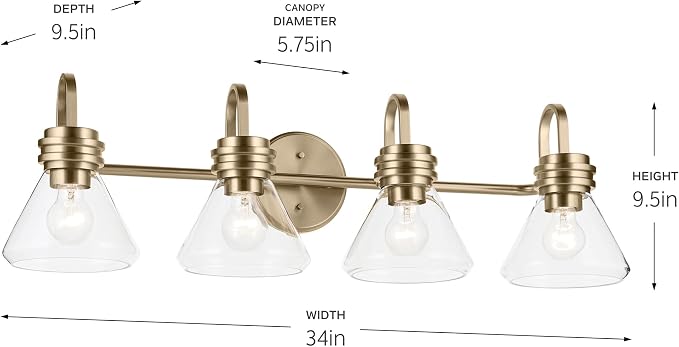 Kichler Farum 4-Light Bathroom Vanity Light, Champagne Bronze | Modern vanity light with clear glass for single or double bathroom mirrors (34" x 9.5" x 9.5"), 55156CPZCLR