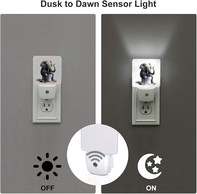 Funny Animal LED Plug-in Night Light 2-Pack, Auto Sensor Emergency Elephant Sitting Nightlights Set of 2 for Dawn Bedroom Kitchen/Dusk Bathroom/Night Stairs Hallway Toilet