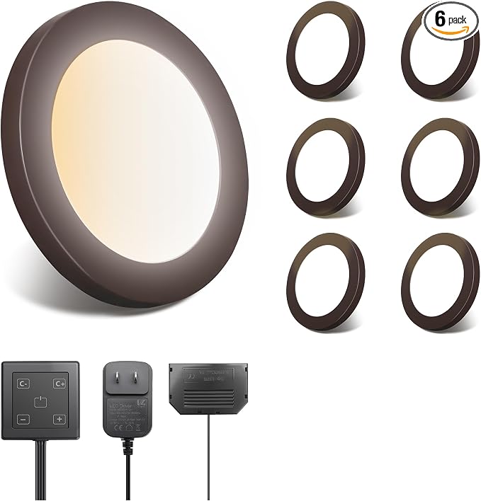 V4light Wired LED Puck Lights, Under Cabinet Lighting Touch Dimmer, 6 Pack | Ultra-Thin 6mm Dimmable, 2700K-6500K, Plug-In Powered, Easy Install, for Kitchen, Pantry, Closet, Counter & Display