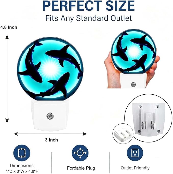 Nightlight Ocean Blue Plug-in Night Lights Dusk to Dawn | Floating Sharks Night Light LED Round Lamp with Auto on/off Sensor for Kitchen Hallway Bedroom Bathroom