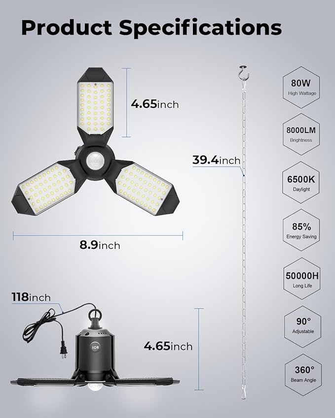 2 Pack Plug in Motion Sensor Garage Light - 8000LM Shop Light with 3 Modes, 3 Deformable LED Panels, 6500K Indoor Motion Sensor Light Bulb for Garage, Laundry Room, Basement