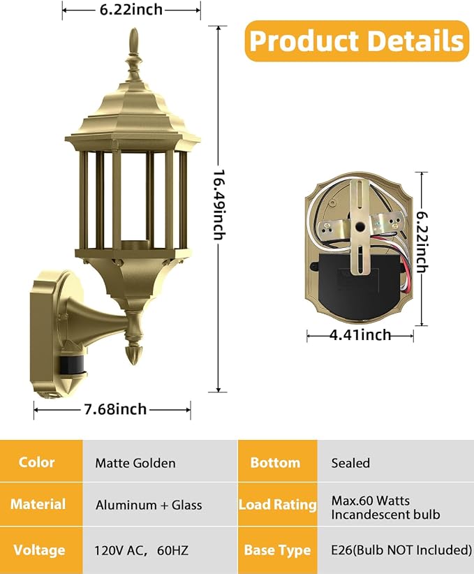 Redluck Motion Sensor Outdoor Lights, 2 Pack 16 inch Dusk to Dawn Outside Porch Lights, Waterproof Anti-Rust Aluminum Outdoor Wall Lights Exterior Lighting Fixtures for House, Garage, Front Door, Gold