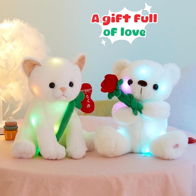 Houwsbaby 12" Valentine’s Day Light Up Cat Plush Toy, Glowing in Dark Kitty Stuffed Animal with Red Heart Flower Design, Romantic Gift for Valentine’s Day, Birthday, or Anniversary
