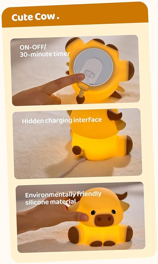 Cute Highland Cow Night Light, Squishy Highland Cow Novelty Animal Lamp, 3 Level Dimmable Nursery Nightlight with Timer, Food Grade Silicone Touch Night Light Fun Gifts for Kids Boys Girls Baby