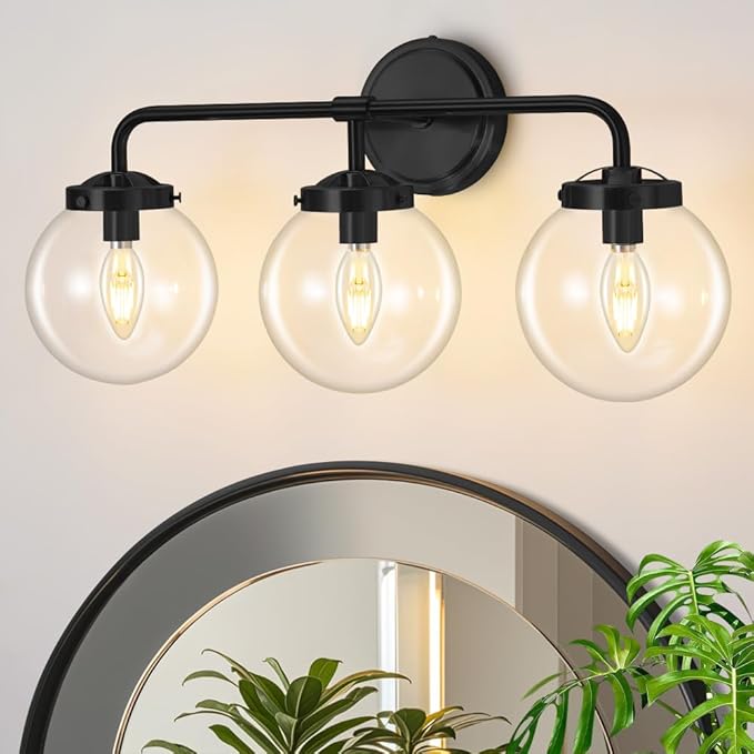 Black Bathroom Vanity Light Fixtures Over Mirror, Modern Matte Black 3 Lights Wall Sconce Lighting with Transparent Glass Ball Shade, Mid Century Farmhouse Vanity Lights