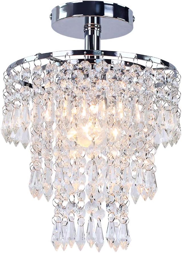 FRIXCHUR Small Crystal Chandelier Led Crystal Ceiling Lights 3 Tiers Crystal Raindrops Chandelier Pendant Lighting Fixture Decoration for Bedroom Hallway Living Room,Chrome,E26