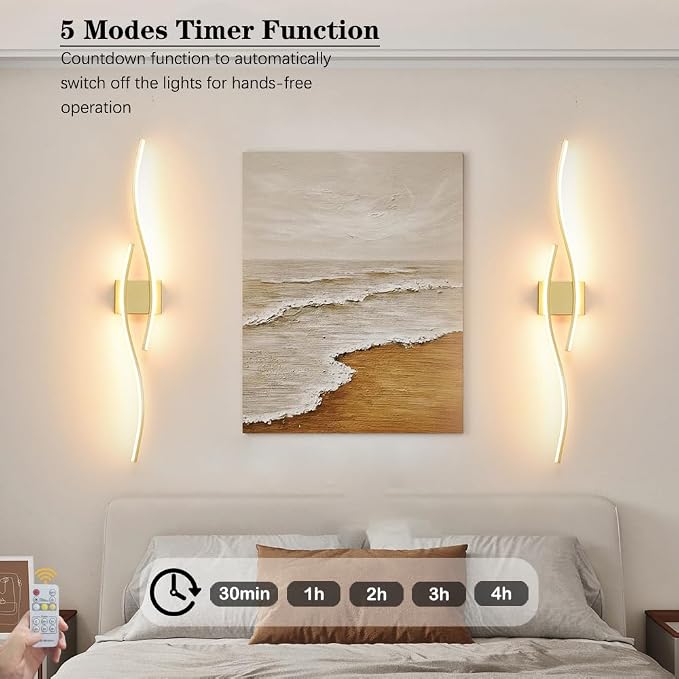 Modern Wall Sconces Set of 2, Dimmable LED with Remote Control, Gold Indoor Wall Sconce, Hard Wired Wall Lights for Living Room, LED Wall Decor for Hallway, Bedroom, 40.5"in, 3 Color, Timer, Memory
