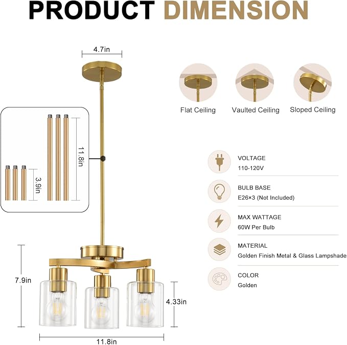 3 Light Brass Gold Dining Room Chandelier, Modern Industrial Pendant Light for Kitchen Island, Adjustable Height Hanging Ceiling Light Fixture with Clear Glass Shades,E26 Base,Dimmable