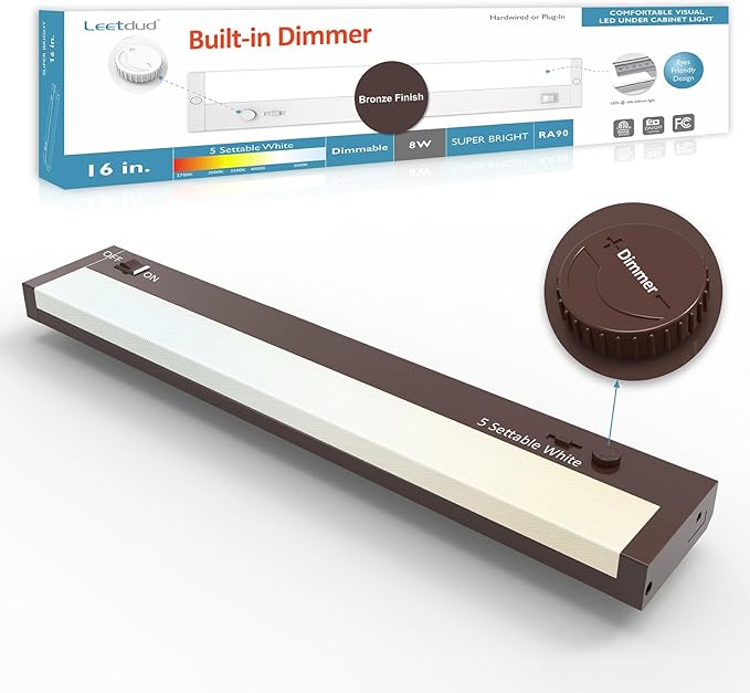Under Cabinet Lights Plug in or Hardwired Built-in Dimmer, 16 Inch 8W, 5CCT 2700K-5000K, Linkable Undercounter Lighting for Kitchen, ETL Dimmable LED Undercabient Light Fixture, Bronze