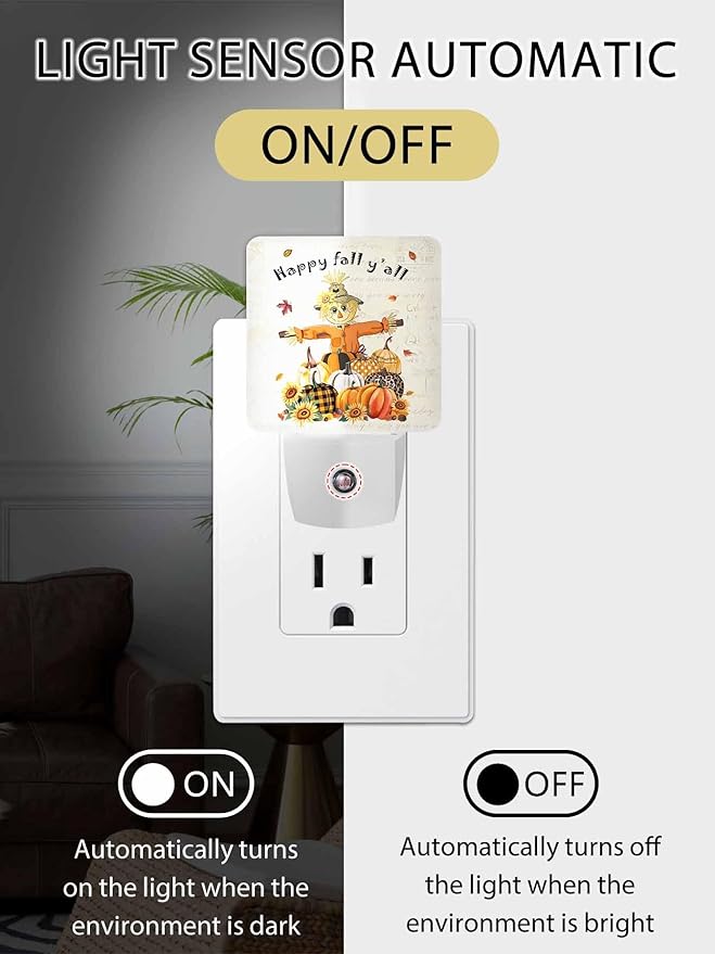 Thanksgiving Night Lights Plug into Wall LED Night Light Autumn Pumpkin Vintage Automatic Dimmable Dusk-to-Dawn Square Shaped Smart Nightlight for Bathroom/Bedroom