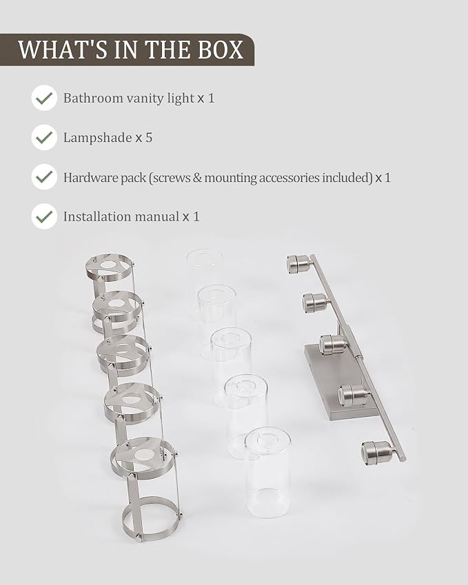 5-Light Brushed Nickel Bathroom Light Fixtures Over Mirror with Clear Glass and Metal Cage Shade, 38" UL-Listed Modern Farmhouse Wall Sconce for Bath, Hardwire E26, OS-3014BN-5W