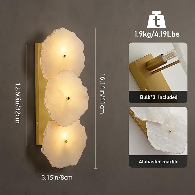 Alabaster Wall Sconce, 3-Light Irregular Spanish Natural Marble Sconces, Brushed Gold Hardwired Stone Wall Sconce, Dimmable Modern Indoor Wall Light for Bathroom Vanity, Living Room, Hallway(1 Pack)