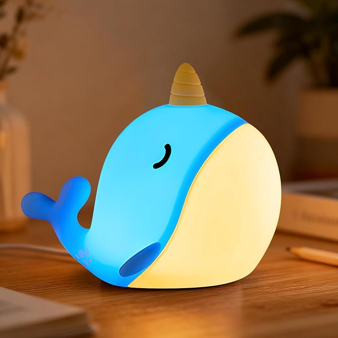Cute Narwhal Night Light, Tap Control with 3 Warm White Brightness, USB Kids Bed Lamp with 30-Minute Timer, Soft Silicone Glow for Nursery, Birthday Gift(Blue Narwhal)