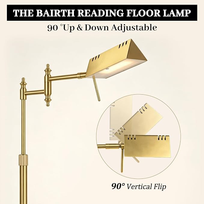 Bairth Antique Brass Reading Floor Lamp,Rotatable Pharmacy Standing Lamp | 90°Rotatable Lamp Head 3 Color Temperature, Dimmable, 17W LED, Height Adjustable, 360°Swing Arm, Living Room, Bedroom, Craft