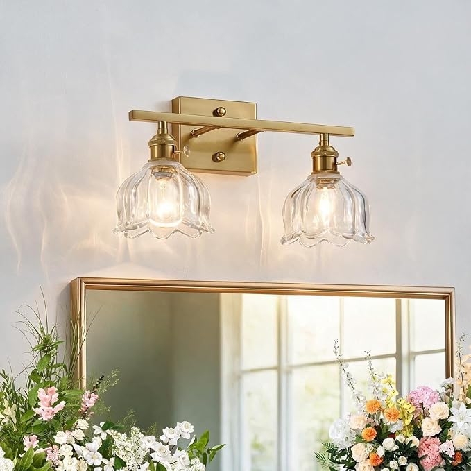 3-Light Vintage Bathroom Vanity Light, 19.4" Brass Hardwired Wall Sconce with Amber Tulip Glass Shades, Brushed Gold Vanity Light for Mirror, Restroom, Bedroom (Clear, 2-Light)