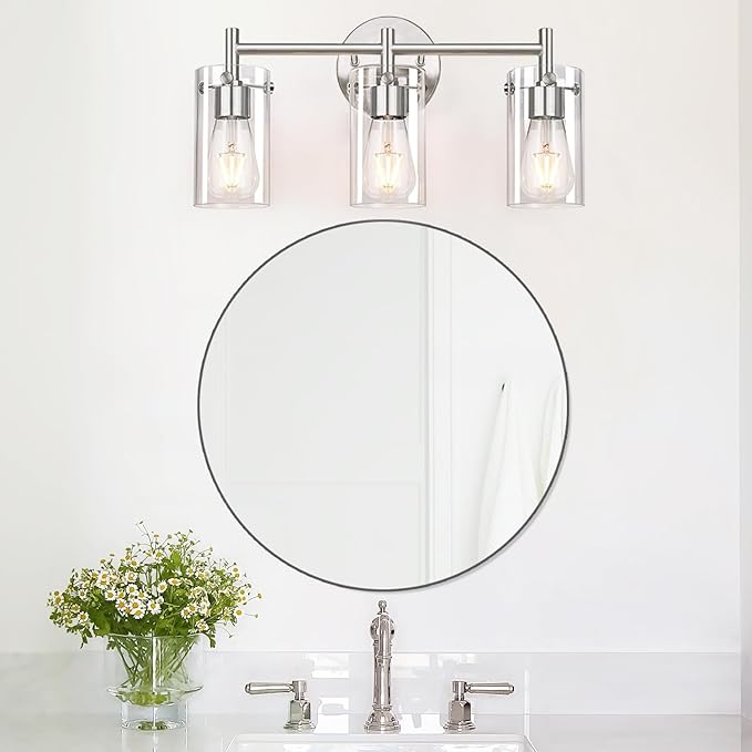 3-Light Brushed Nickel Bathroom Vanity Light Fixtures, Clear Glass Shade Wall Sconces for Mirror, Bedroom, Living Room, Hallway