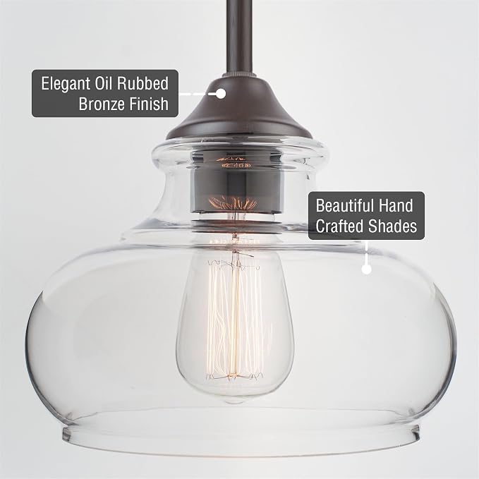 Kira Home Harlow 9" Modern Schoolhouse Pendant Light for Ktichen Island | Clear Glass Shades, Industrial Farmhouse Hanging Fixture, Classic Oil Rubbed Bronze Finish