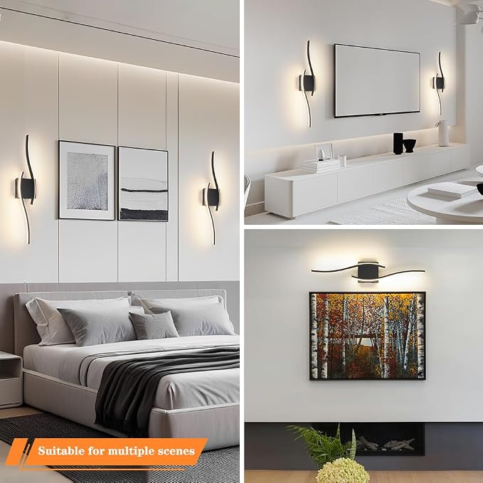 Daunton Modern Battery Operated Wall Sconce Set of 2, Black Dimmable LED Wall Light with Remote Control, 3CCT Adjustable, Timer& Memory Function, Wireless Wall Light for TV Wall Living Room Bedroom