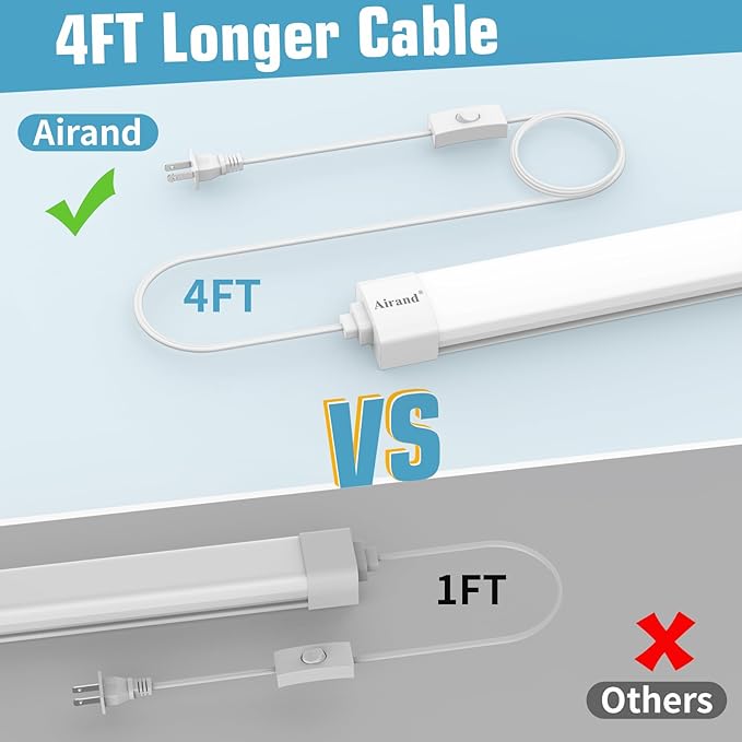 Airand LED Ceiling Light Fixture with Plug 5000k, Triproof LED Tube Light 16W Linkable Closet Lights for Workbench Kitchen Basement Garage Corridor Bathroom Office Overhead Lighting with Plug in Cord