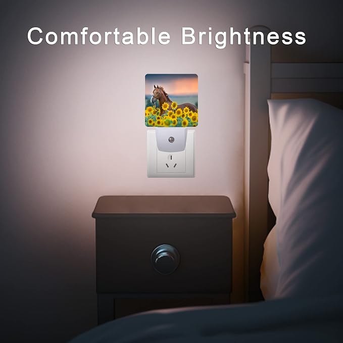 Horse Night Light,Sunflower Farm Animal Horses Plug-in Night Lights with Dusk-to-Dawn Sensor for Women/Girls/Boys Gift Sleep Friendly lamp for Bedroom, Bathroom and Living Room,0.5W