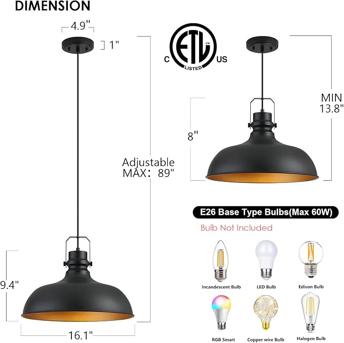Black Farmhouse Pendant Lights for Kitchen Island 16 Inch | ETL Certificate,Industrial Adjustable Height Vintage Dome Hanging Light Fixtures for Barn,Dining Room 2 Pack