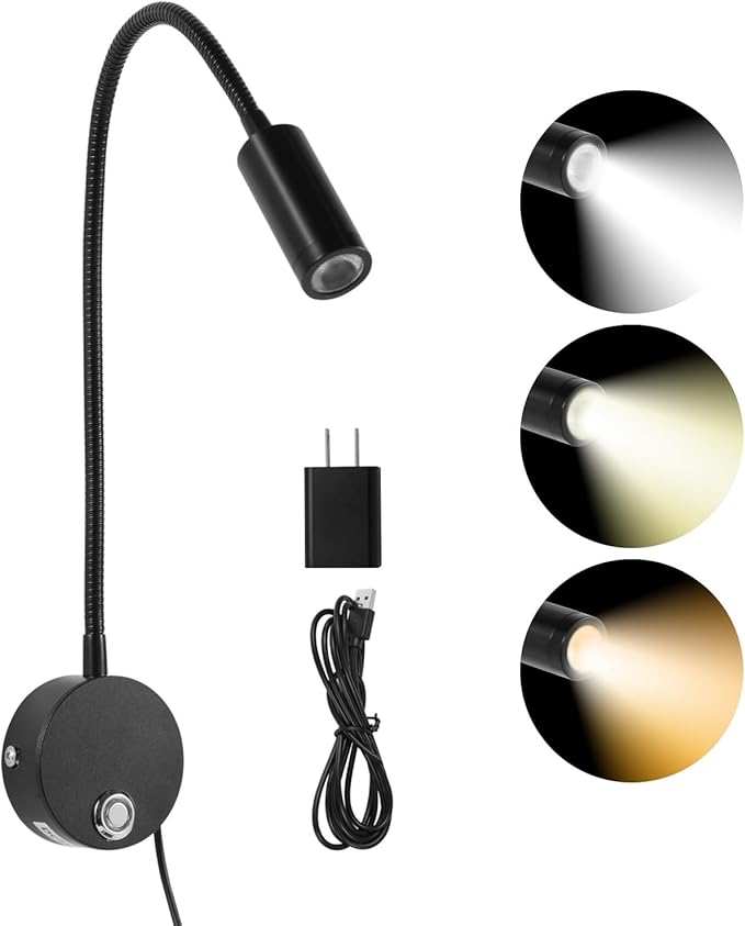 Reading Light for Bed, Wall Mounted Reading Lights with 15" Flexible Gooseneck, Touch Control, 3 Colors Temperature and Stepless Dimmable, Plug in Headboard Bedside Light(1 Pack)