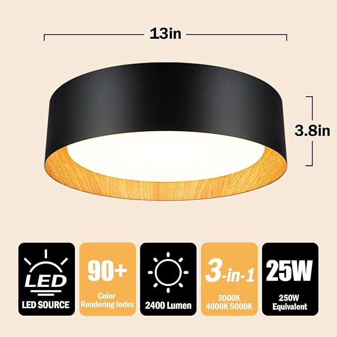 BrightHome Flush Mount Ceiling Light, 13in Modern Ceiling Light 3/4/5000K | 25W Bathroom Ceiling Light Fixture, 2600LM Dimmable LED Flush Mount Light for Bedroom, Hallway, Kitchen, Black & Wood