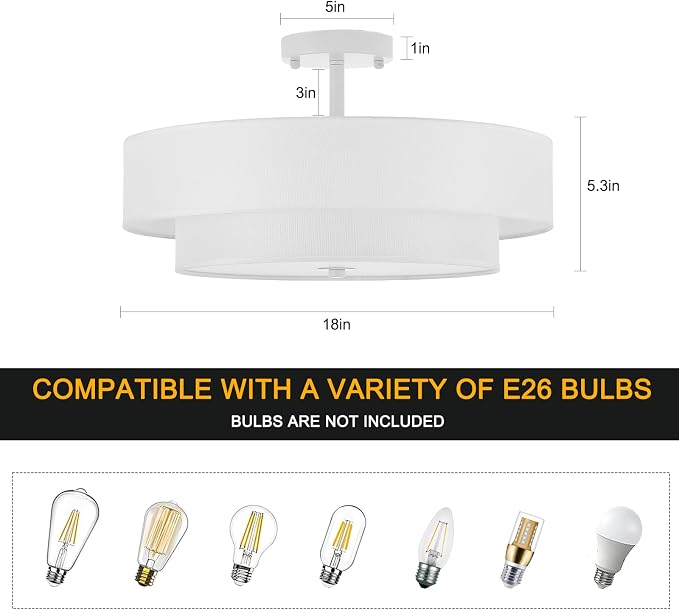 18" White Semi Flush Mount Ceiling Light, Linen 3-Light Fixture | White Linen Double Drum Shade, Modern Style For Bedroom,Hallway, Kitchen And Laundry; Close-To-Ceiling, E26, Easy Install