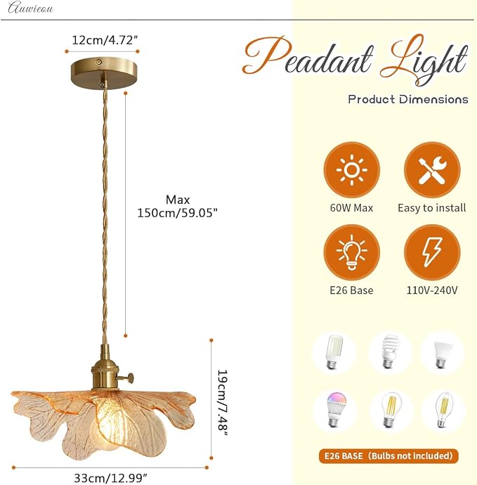 Pendant Lights Set of 2, Hand Blown Amber Glass Brass Gold Hanging Lighting, Adjustable 59” Cord Mid Century Modern Fixture, Sloped Ceiling Compatible for Kitchen Island Dining Room