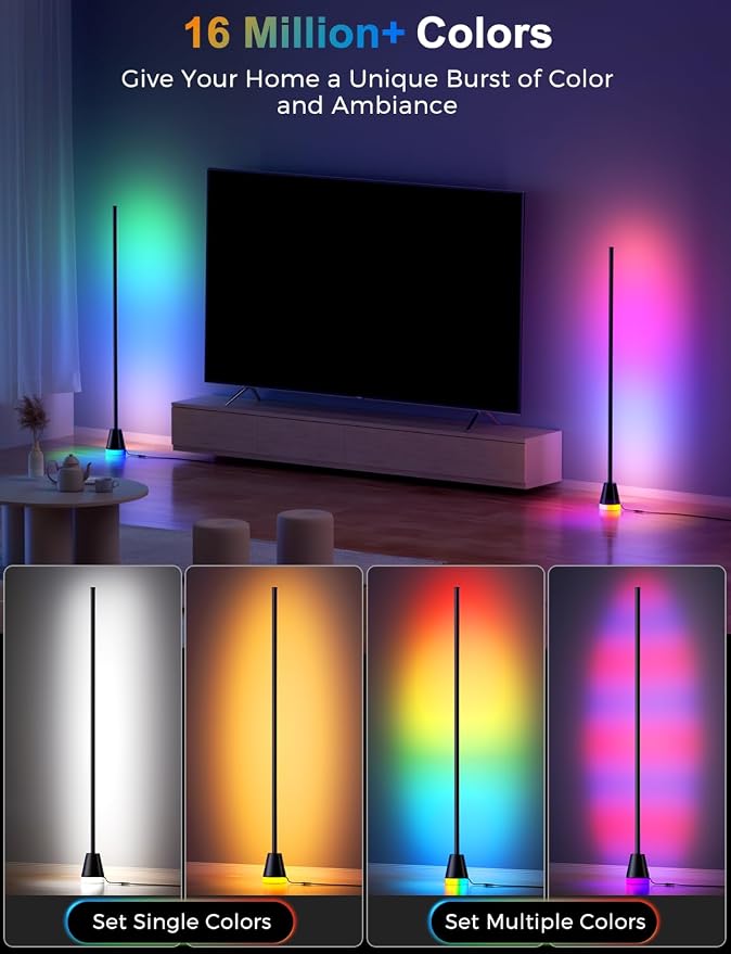 RGBICW Corner Floor Lamp, Modern LED Ambient Lighting, Jet Black | 16 Million Colors, Music Sync Lighting, 1800LM Brightness, with Smart APP/Remote Control, for Living Room Bedroom Gaming Room