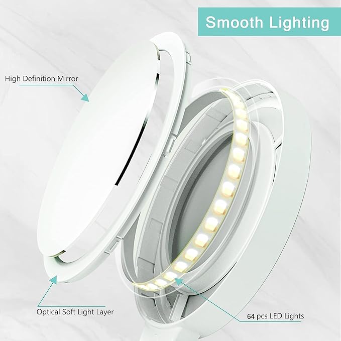 Magnifying Travel Makeup Mirror with Lights, Double-Sided 1X/30X Magnifying Mirror, 3 Color Lighting & Brightness Adjustable, Portable &Foldable Handheld Mirror with Lights(9" L x 7" W)