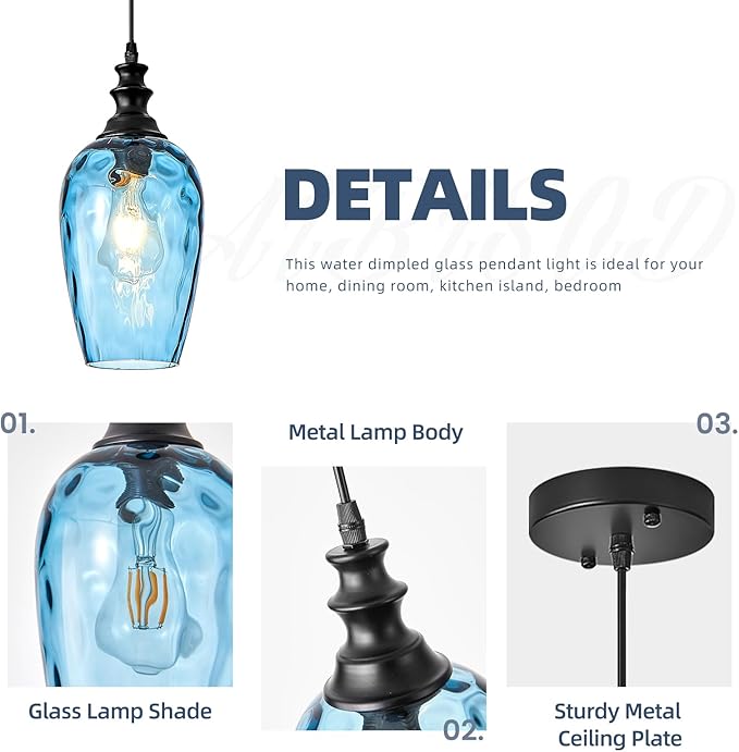 Glass Pendant Lights Kitchen Island, Modern Farmhouse Blue Hanging Indoor Kitchen Island Pendant Lighting, Adjustable Cable, Hand Blown Glass Shade & E26 Base for Bathroom, Hallway, 2 Pack