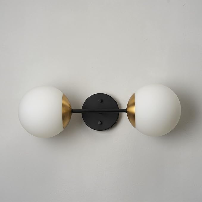 Globe Electric 52079 2-Light Wall Sconce, Matte Black, Antique Brass Accent Socket, Matte Opal Glass Shades, Modern Light for Living Room or Bedroom, Dimmer Switch Compatible, E26 Base