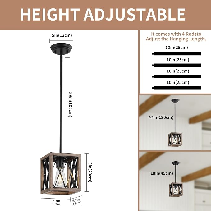 KEESFU Farmhouse Pendant Light, 1 Light Metal Cage Hanging Light with Wooden Grain Finish,Height Adjustable Kitchen Island Lighting,Pendant Lighting for Kitchen Island Hallway Foyer.2 Pack.