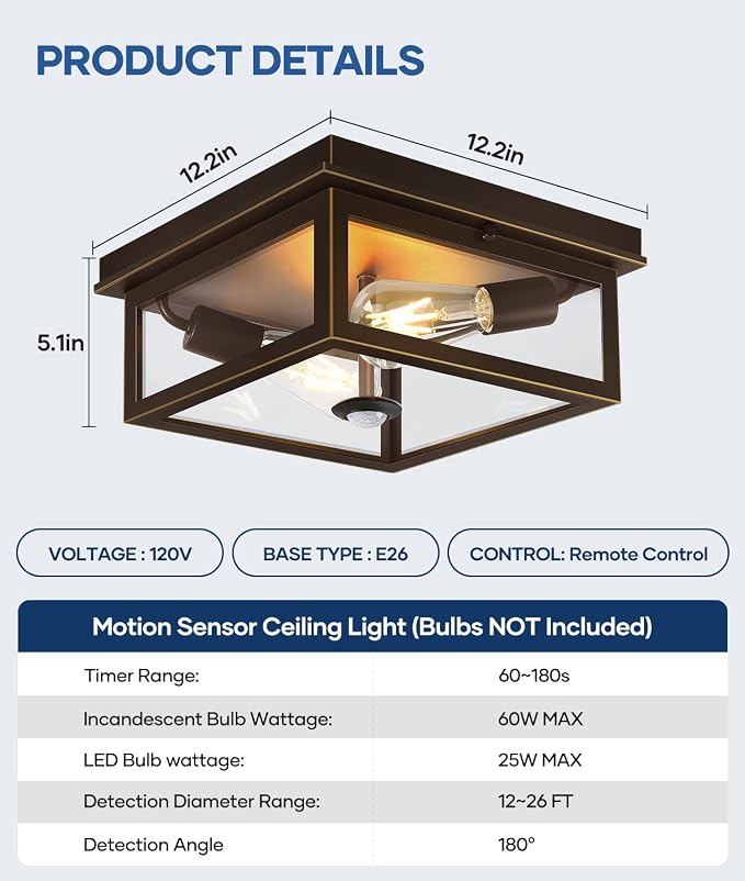 Motion Sensor Outdoor Ceiling Light with Remote, 12.2 Inch Oil Rubbed Bronze Flush Mount Porch Light Fixture with United Glass Cover, 5 Modes Outside Flush Mount Light for Porch, Garage, Patio