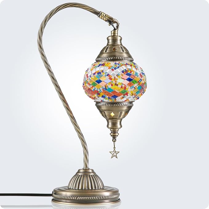 Yarra-Decor Turkish Moroccan Lamp with Bronze Base 3 Color Options Handmade Swan Neck Mosaic Glass Bedside Lamps for Bedroom (LED Bulb Included)(Colorful1)