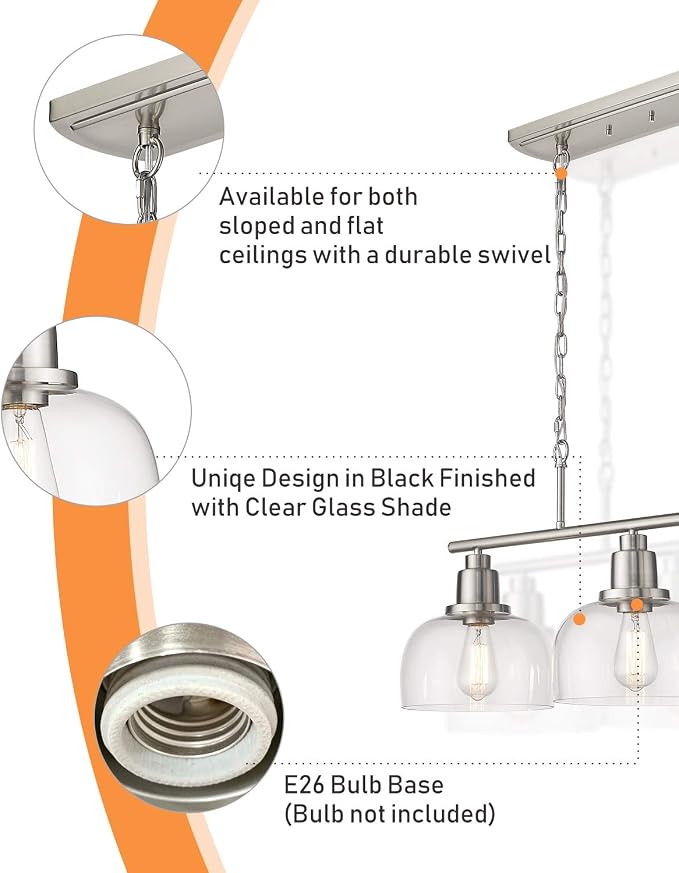 EAPUDUN 3-Light Kitchen Island Light, Farmhouse Pendant Lighting for Dining Room Pool Table Ceiling Light, Brushed Nickel Finish with Clear Glass, PDA1125-BNK