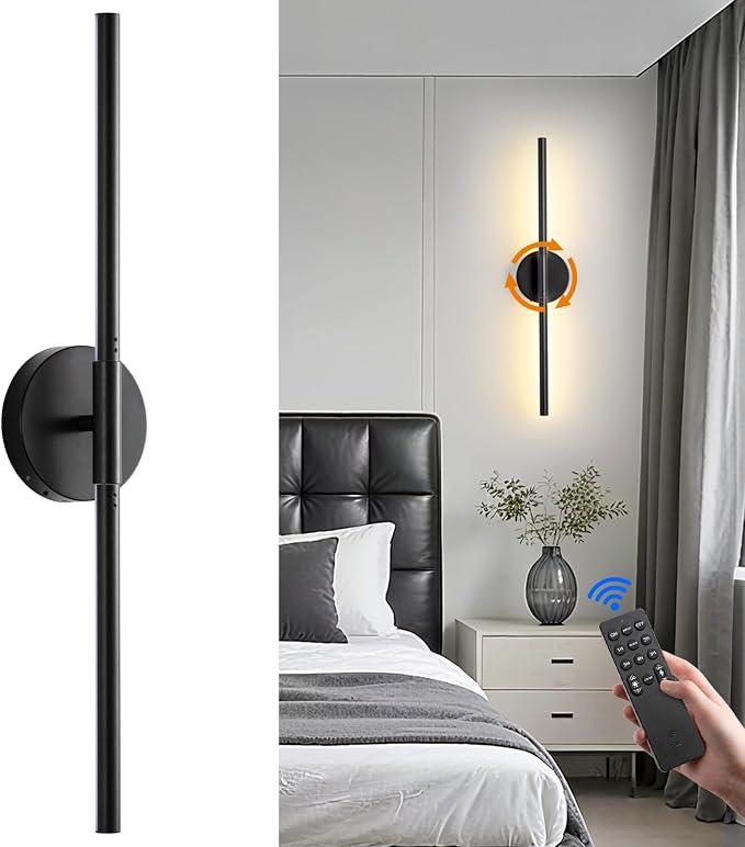 Battery Operated Wall Sconce, 24 Inch Black Rechargeable Wall Lights | Remote & Touch Control, LED Wireless Wall Lamps Dimmable 3000K-6000K & Timer for Bedroom, Living Room, Hallway