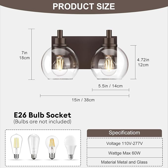 IZORRO Bathroom Light Fixtures, 2-Light Oil Rubbed Bronze Vanity Light, Modern Wall Sconces with Globe Clear Glass Shade, Vanity Lighting Fixtures Over Mirror,E26 Bulb Socket