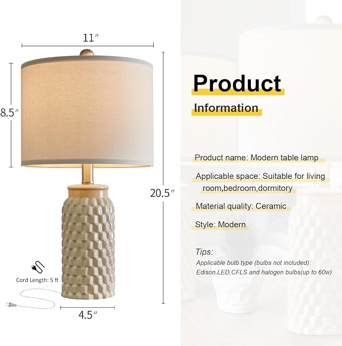 USumkky 20.5" Ceramic Table Lamps Set of 2 - Modern Farmhouse & Boho Style, Bedside Nightstand Lamps for Bedroom, Living Room End Table Lamps, Small Desk Lamp(Cream)
