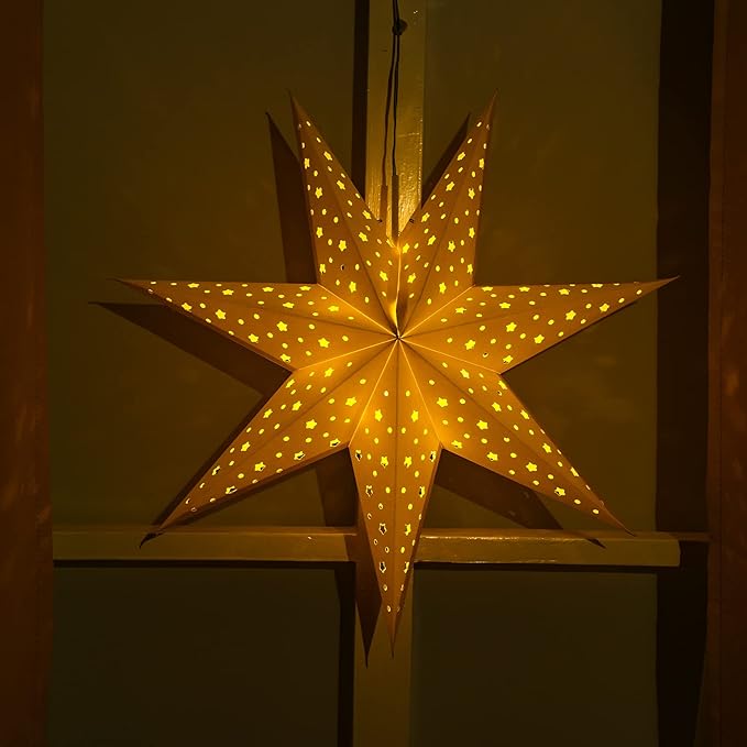 Mudder 19.7 Inch Christmas Star Paper Lantern 7 Pointed Christmas Window Lantern with 10 LED Light Strings Hanging Pendant Xmas Tree Ornaments for Holiday Decor Home(Trendy,Gold)
