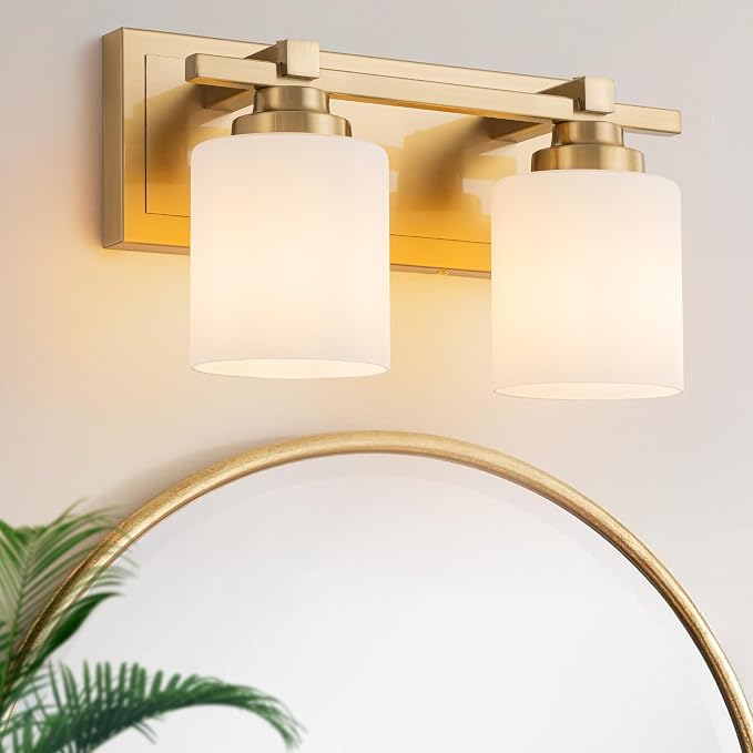 Modern Bathroom Light Fixtures Over Mirror, Vanity Lights for Bathroom Wall Sconces with Milky White Glass Shades, E26 Socket (Bulbs Not Included), 2 Light, Brass