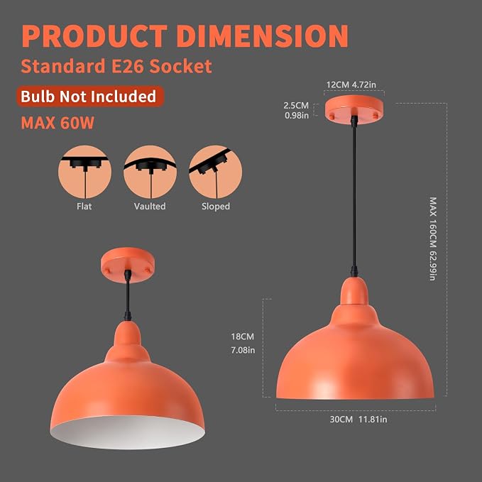 2 Pack 11.8" Orange Mid Modern Century Pendant Light ,MCM Orange Hanging Pendant Lights,Light Kitchen Island Dome Pendant Light, Modern Pendant Lights Dome Chandelier for Kitchen Island Dining Room